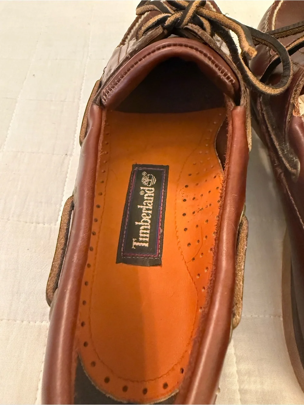 Timberland Men's Chestnut Leather Boat Shoes with Orange Insoles